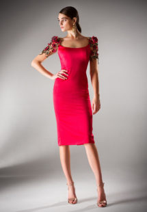 Style #436, Cocktail dress with floral sleeves, available in black, crimson