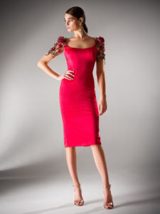Style #436, Cocktail dress with floral sleeves, available in black, crimson