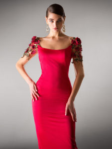 Style #436, Cocktail dress with floral sleeves, available in black, crimson