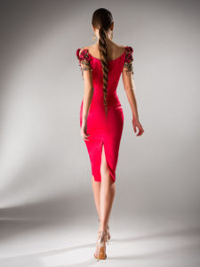 Style #436, Cocktail dress with floral sleeves, available in black, crimson