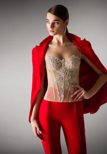 Style #439, Pantsuit with corset top, available in ivory, pink, red, blue