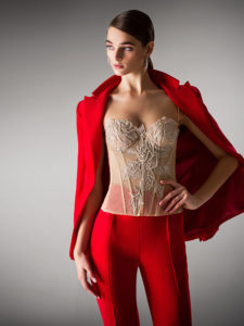 Style #439, Pantsuit with corset top, available in ivory, pink, red, blue