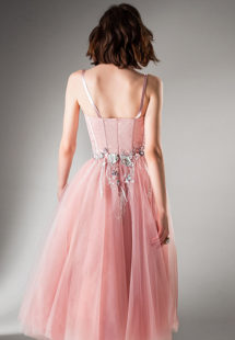 Style #440b, A-line dress with bustier bodice, available in pink, gray, light green