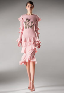 Style #442, Long sleeved cocktail dress with frills, available in ivory, pink, red, blue