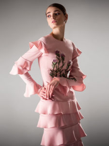 Style #442, Long sleeved cocktail dress with frills, available in ivory, pink, red, blue