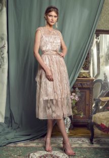 Style #444, Cocktail dress with feathers, available in pink-ivory