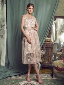 Style #444, Cocktail dress with feathers, available in pink-ivory