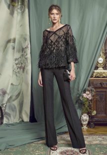 Style #447, Feathered top with pants, available in black