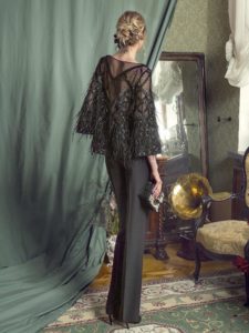 Style #447, Feathered top with pants, available in black