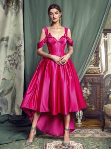 Style #450, High-low cocktail dress with a bustier bodice, available in black, crimson, eggplant, grey, purple, white, ivory