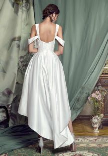 Style #450, High-low cocktail dress with a bustier bodice, available in black, crimson, eggplant, grey, purple, white, ivory