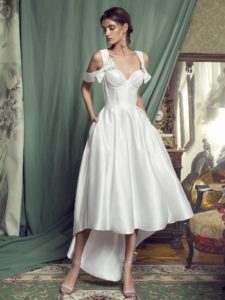 Style #450, High-low cocktail dress with a bustier bodice, available in black, crimson, eggplant, grey, purple, white, ivory