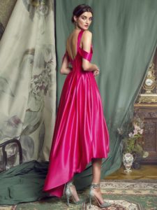 Style #450, High-low cocktail dress with a bustier bodice, available in black, crimson, eggplant, grey, purple, white, ivory