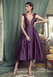 Style #451, Evening gown with plunging neckline and voluminous skirt, available in black, crimson, eggplant, grey, purple, white, ivory