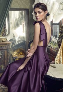 Style #451, Evening gown with plunging neckline and voluminous skirt, available in black, crimson, eggplant, grey, purple, white, ivory