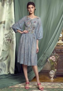 Style #452, Cocktail dress with bishop sleeves and floral embroidery, available in grey-blue