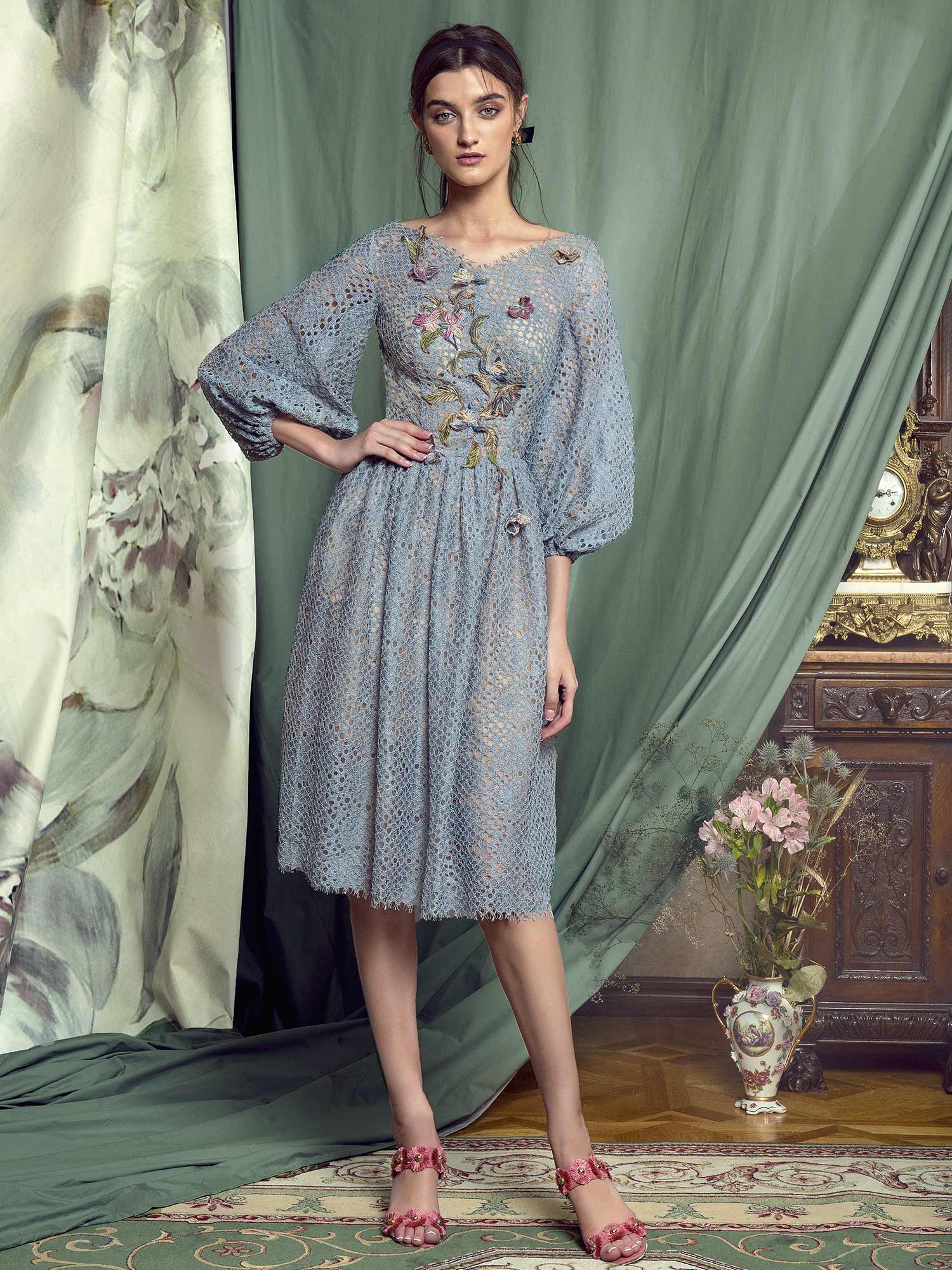 Style #452, Cocktail dress with bishop sleeves and floral embroidery, available in grey-blue