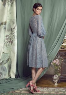 Style #452, Cocktail dress with bishop sleeves and floral embroidery, available in grey-blue