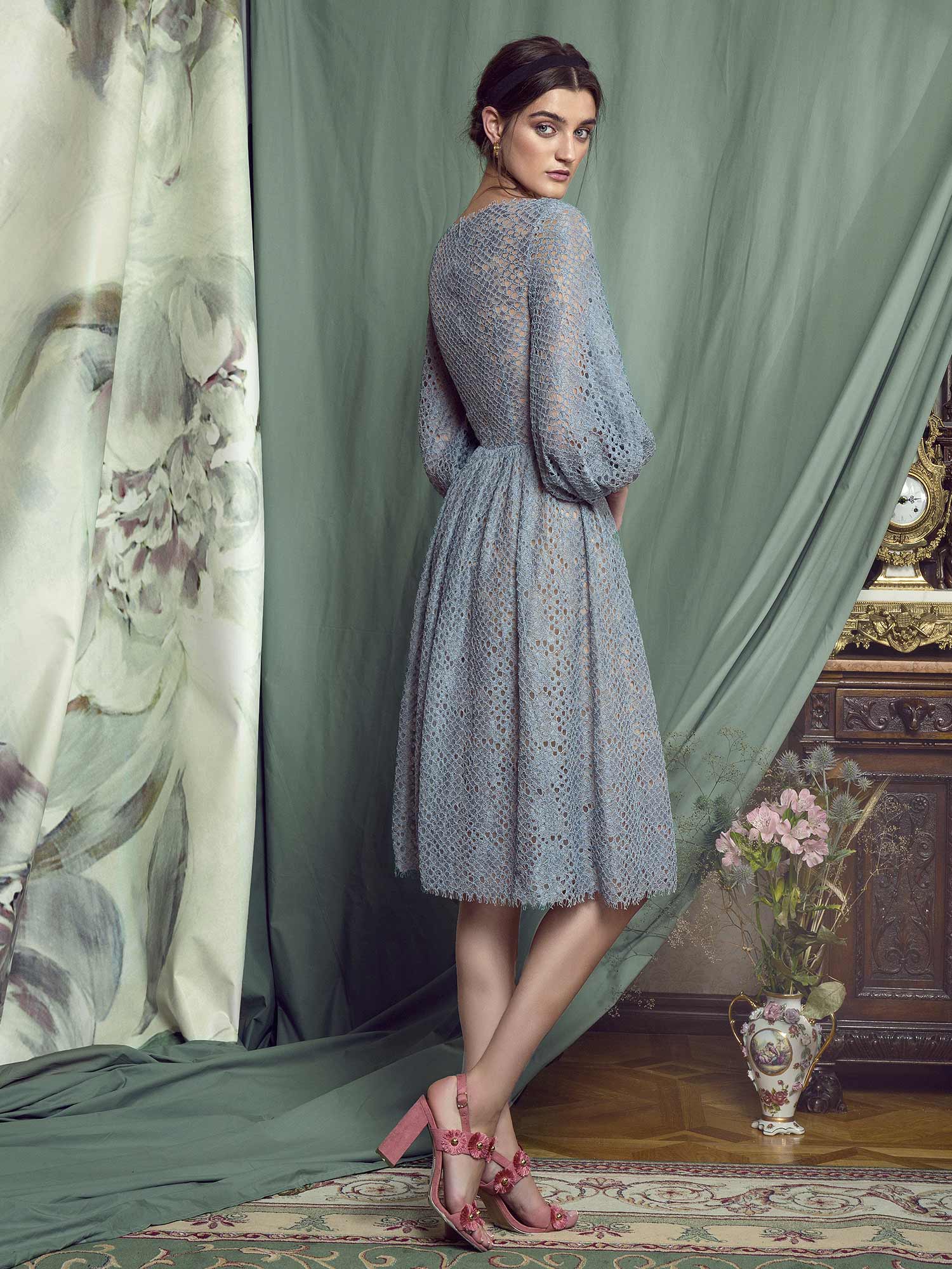 Style #452, Cocktail dress with bishop sleeves and floral embroidery, available in grey-blue