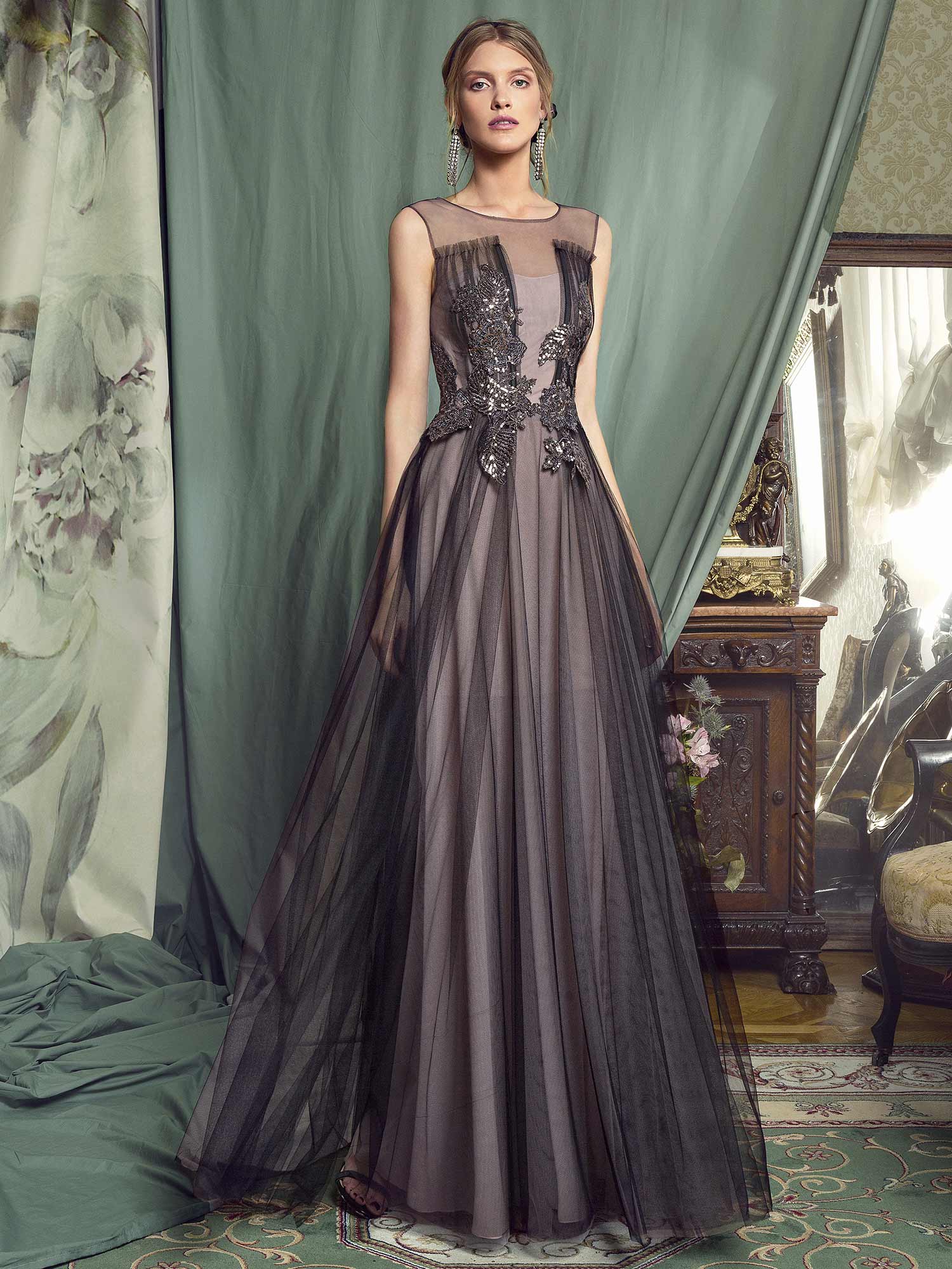 Style #454, A-line evening gown with embellished bodice and tulle skirt, available in black-powder