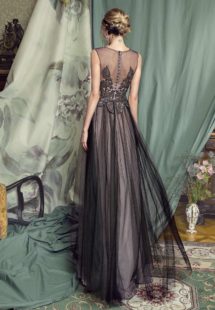 Style #454, A-line evening gown with embellished bodice and tulle skirt, available in black-powder