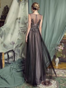 Style #454, A-line evening gown with embellished bodice and tulle skirt, available in black-powder
