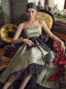 Style #456, High-low cocktail dress with a bow, available in grey
