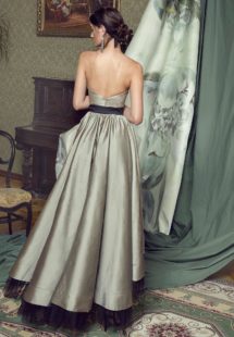 Style #456, High-low cocktail dress with a bow, available in grey