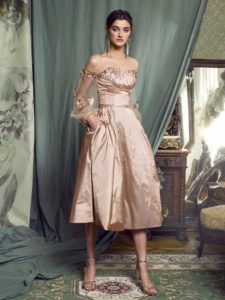 Style #457, Cocktail dress with long sleeves and floral decor, available in black, pink-ivory
