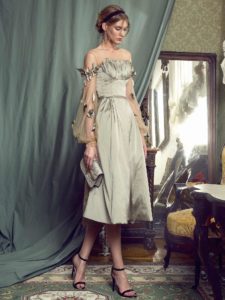 Style #457, Cocktail dress with long sleeves and floral decor, available in black, pink-ivory