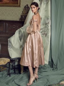 Style #457, Cocktail dress with long sleeves and floral decor, available in black, pink-ivory