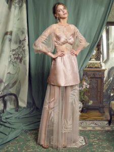 Style #458, Evening gown with long sleeves and sheer details, available in black, pink-ivory