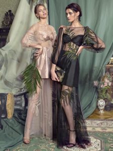 Style #458, Evening gown with long sleeves and sheer details, available in black, pink-ivory