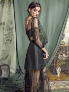 Style #458, Evening gown with long sleeves and sheer details, available in black, pink-ivory