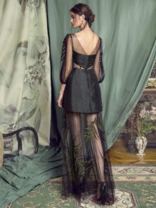 Style #458, Evening gown with long sleeves and sheer details, available in black, pink-ivory