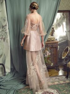 Style #458, Evening gown with long sleeves and sheer details, available in black, pink-ivory