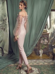 Style #460, Bishop sleeve jumpsuit with leaf embroidery, available in ivory, red, pink, blue