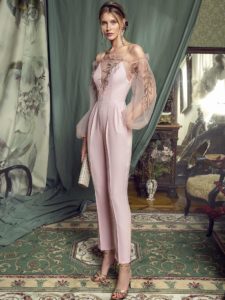 Style #460, Bishop sleeve jumpsuit with leaf embroidery, available in ivory, red, pink, blue