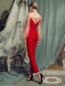 Style #460, Bishop sleeve jumpsuit with leaf embroidery, available in ivory, red, pink, blue