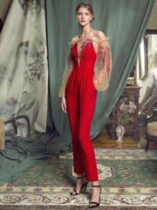 Style #460, Bishop sleeve jumpsuit with leaf embroidery, available in ivory, red, pink, blue