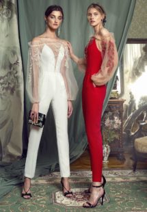 Style #460, Bishop sleeve jumpsuit with leaf embroidery, available in ivory, red, pink, blue