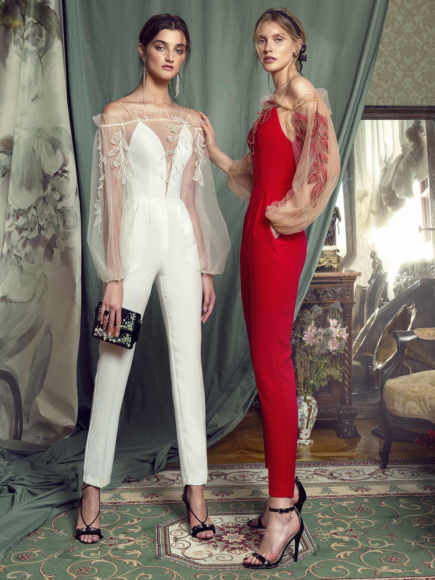 Style #460, Bishop sleeve jumpsuit with leaf embroidery, available in ivory, red, pink, blue