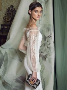 Style #460, Bishop sleeve jumpsuit with leaf embroidery, available in ivory, red, pink, blue