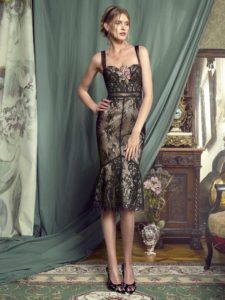 Style #461, Sheath lace dress with bustier bodice, available in black, ivory