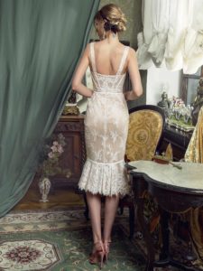 Style #461, Sheath lace dress with bustier bodice, available in black, ivory