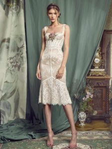 Style #461, Sheath lace dress with bustier bodice, available in black, ivory