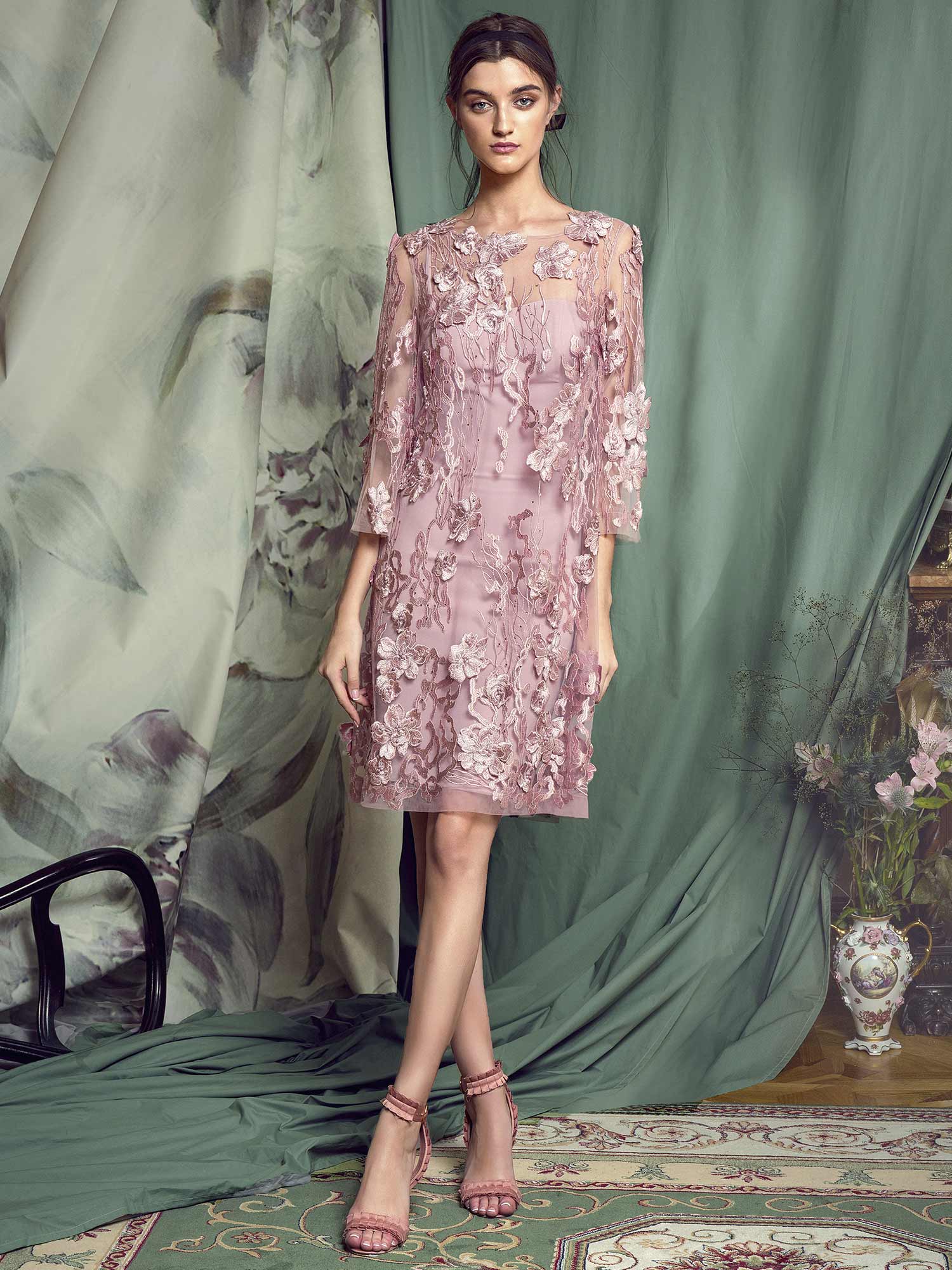 Style #462, Floral cocktail dress, available in pink-ivory