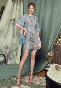 Style #464, Lace cocktail dress with bell sleeves, available in grey-blue