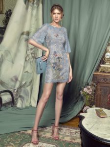 Style #464, Lace cocktail dress with bell sleeves, available in grey-blue