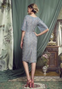 Style #464, Lace cocktail dress with bell sleeves, available in grey-blue